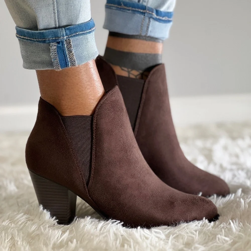 Brown heeled slip on ankle booties